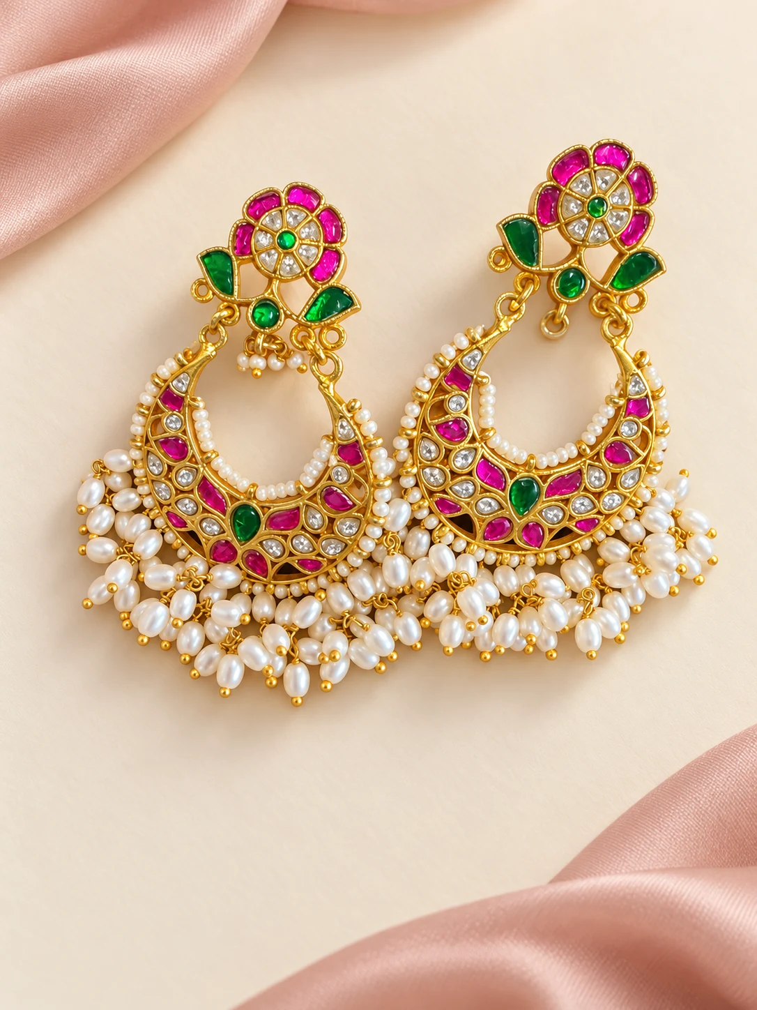 Floral Crescent Pearl-Look Earrings — main view on an ivory and blush background