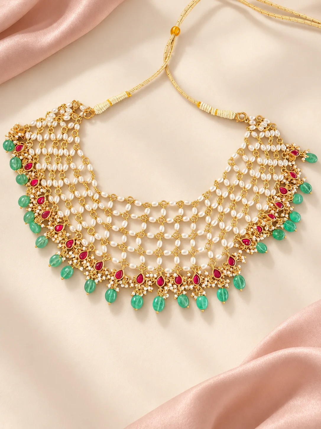 Green Drop Pearl-Look Bib Necklace — main view on an ivory and blush background