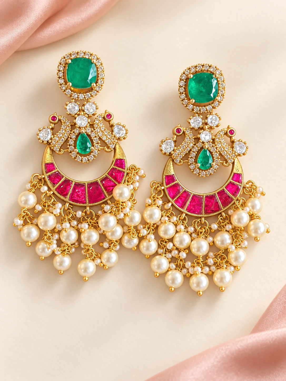 Green & Pink Crescent Drop Earrings — main view on an ivory and blush background
