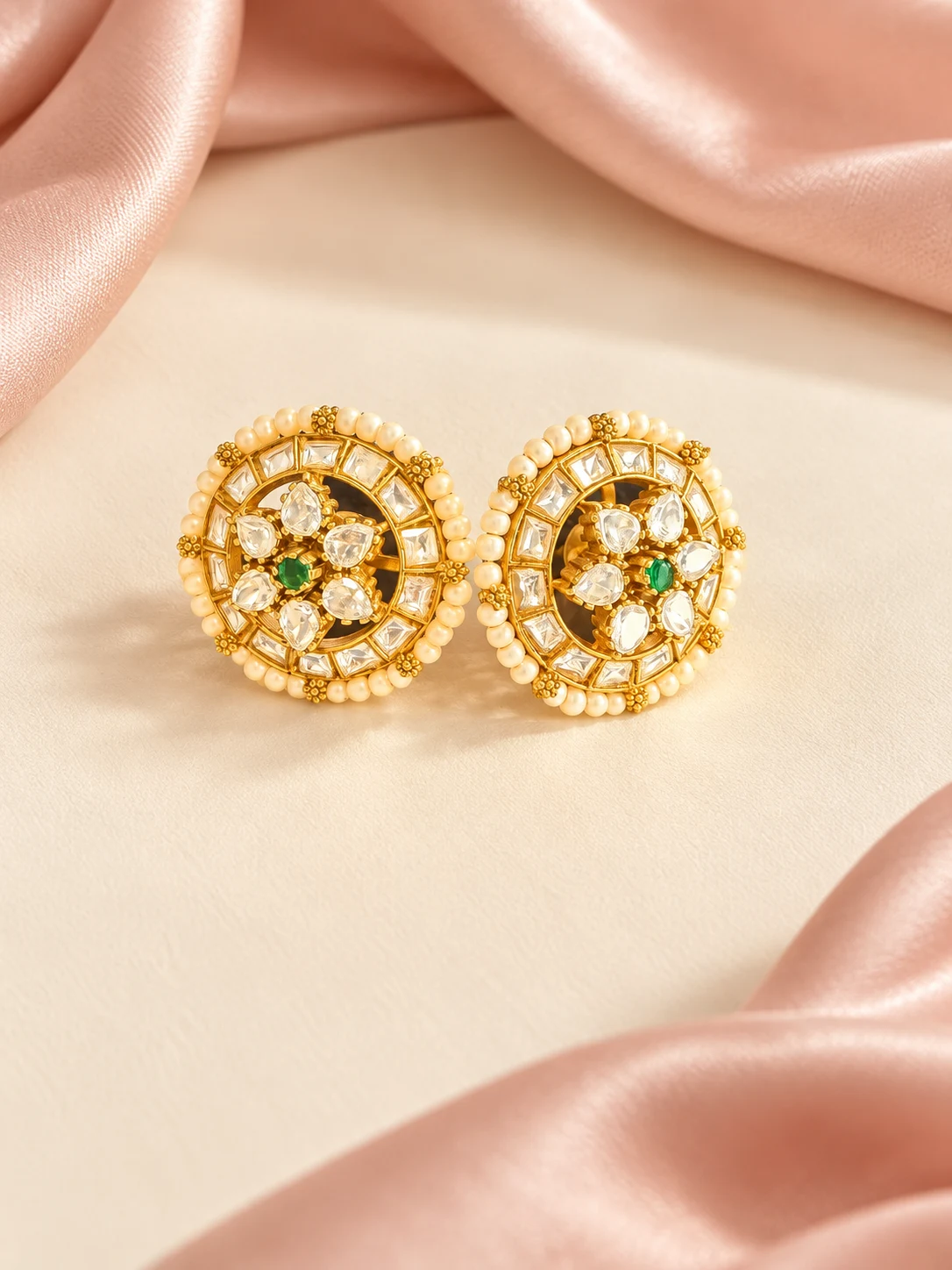 Ivory Floral Round Stud Earrings — main view on an ivory and blush background