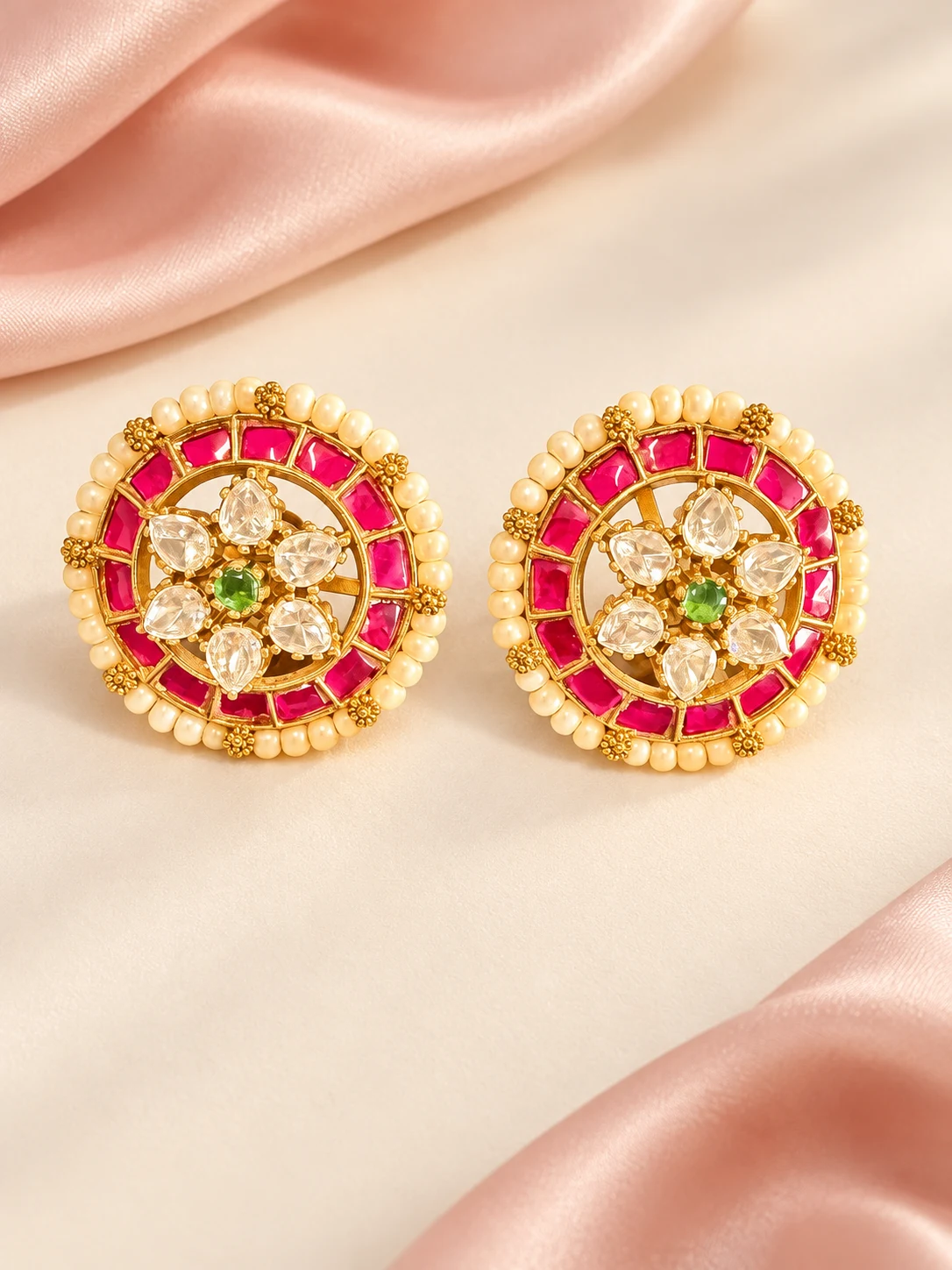 Pink Border Floral Stud Earrings — main view on an ivory and blush background