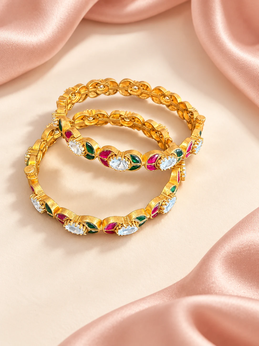 Pink & Green Stone-Detail Bangles — main view on an ivory and blush background