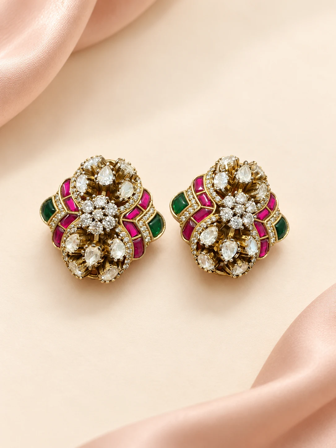 Pink & Green Floral Cluster Studs — main view on an ivory and blush background