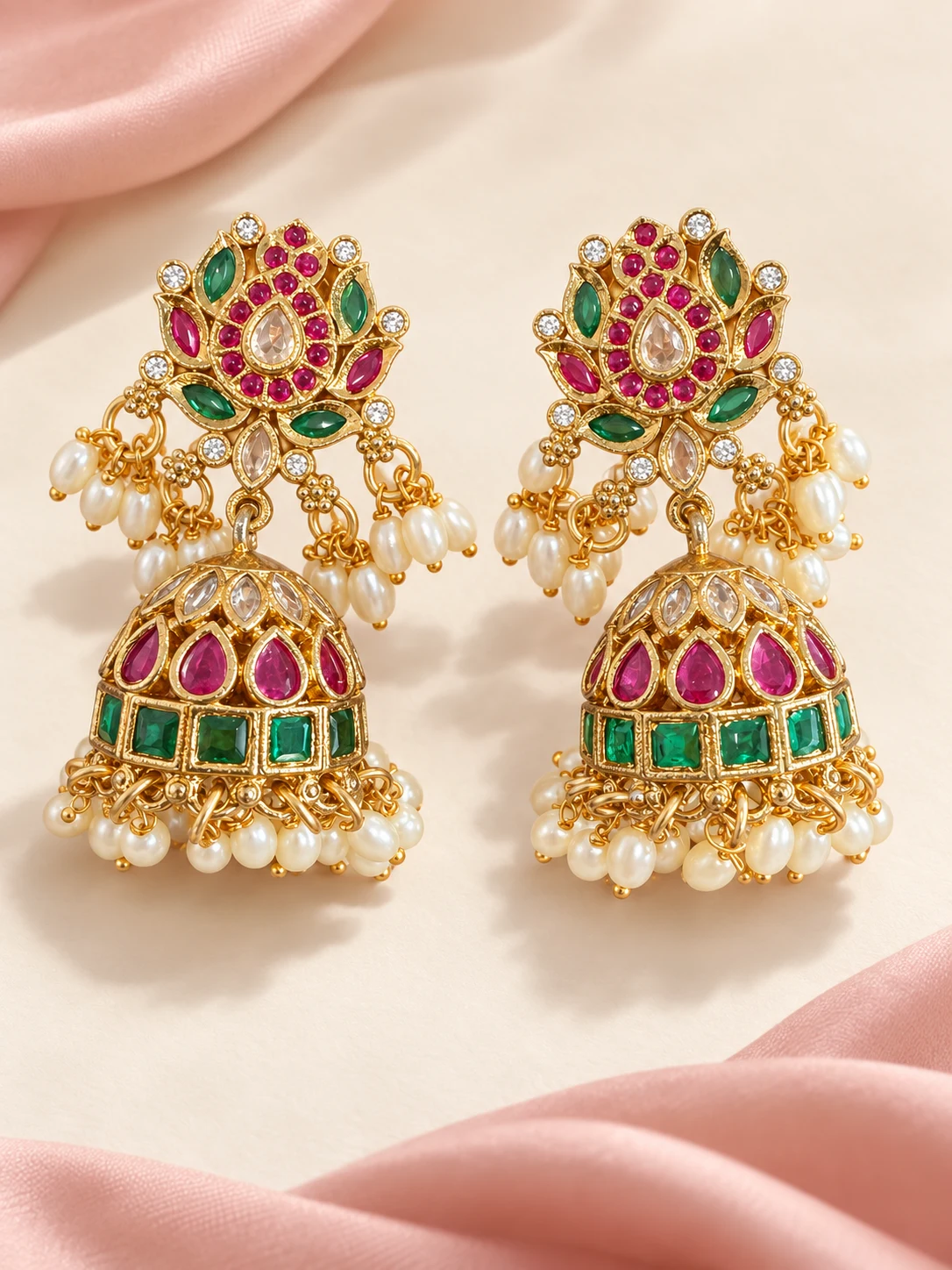 Pink & Green Floral Jhumka Earrings — main view on an ivory and blush background