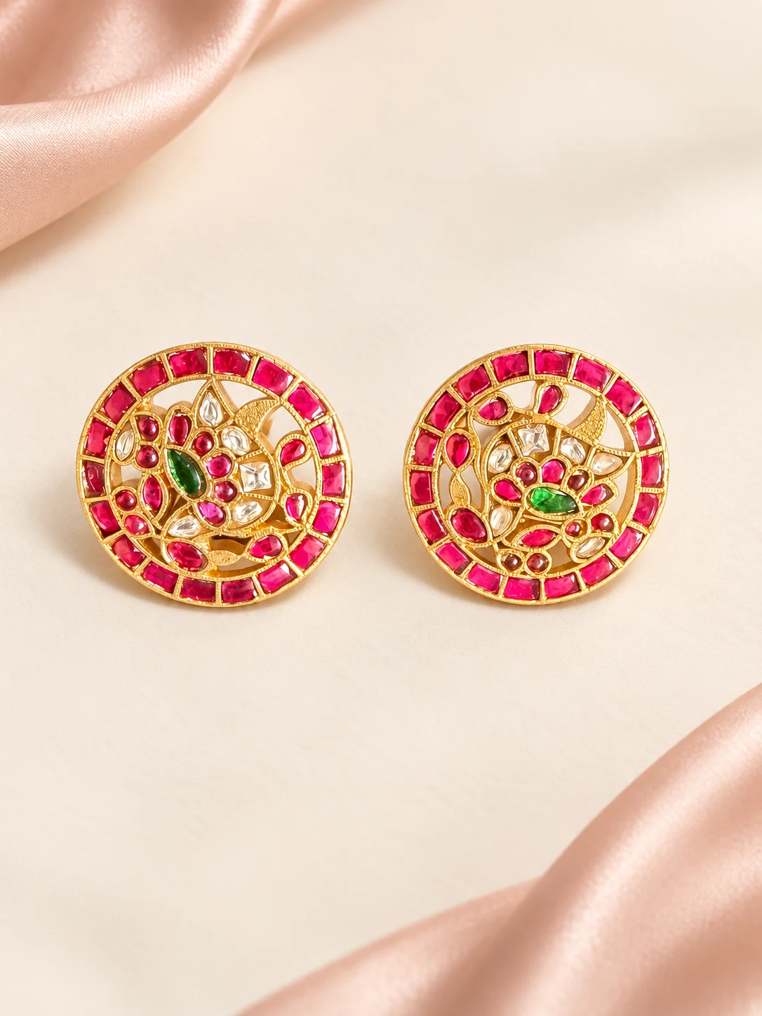 Pink Paisley Round Stud Earrings — main view on an ivory and blush background