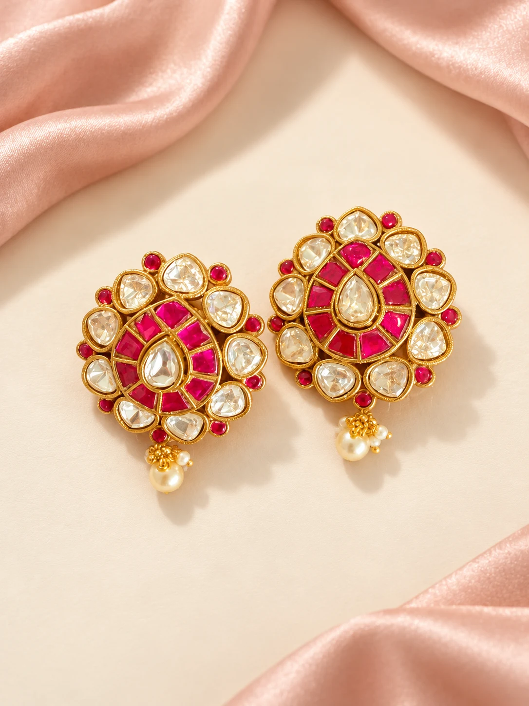 Pink Teardrop Pearl-Look Earrings — main view on an ivory and blush background