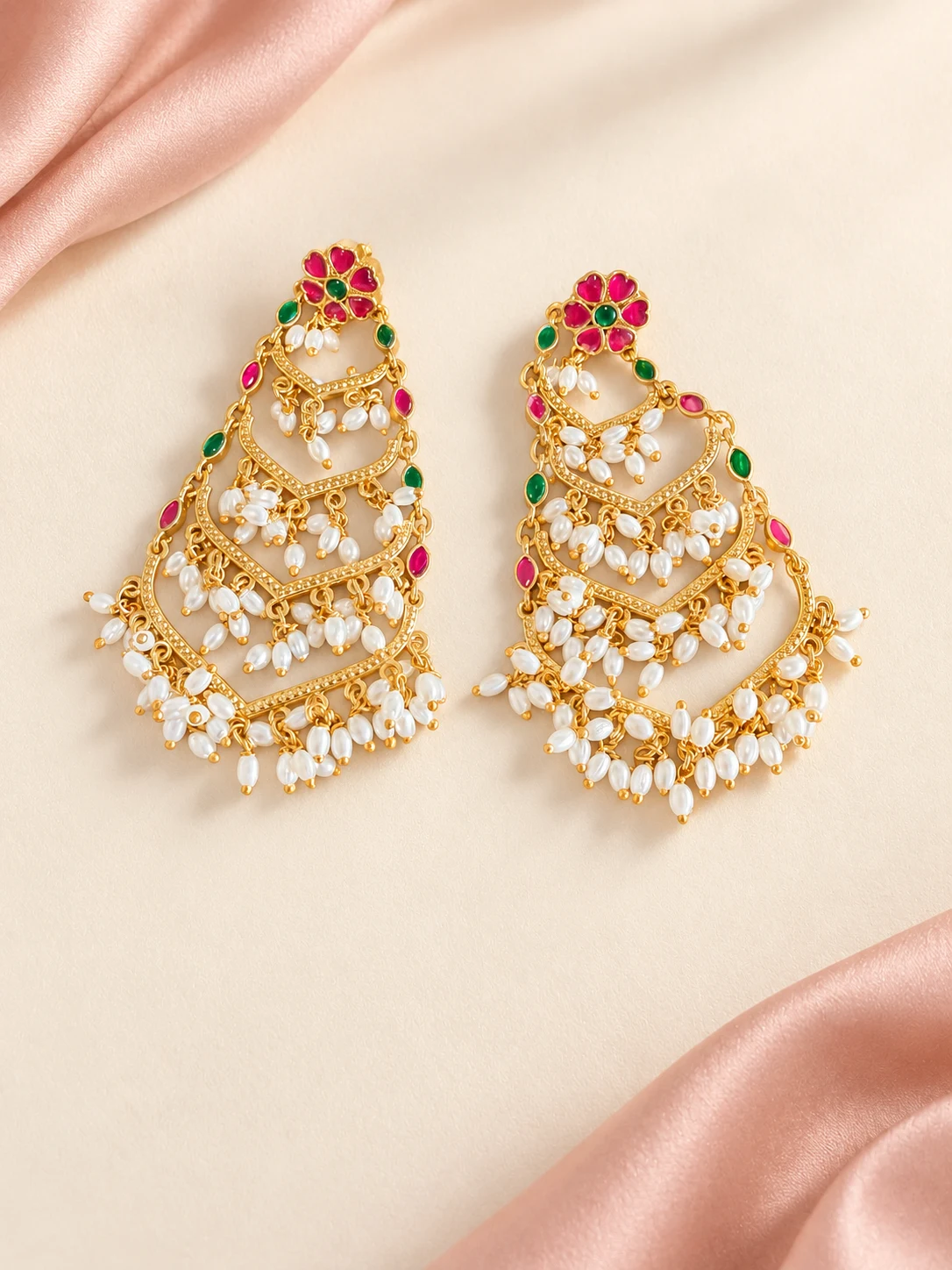 Tiered Floral Pearl-Look Chandelier Earrings — main view on an ivory and blush background